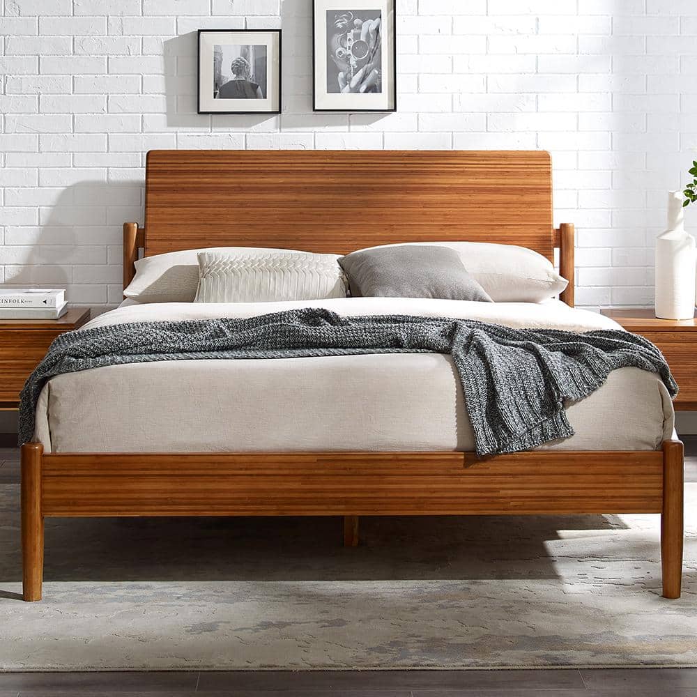 Benji Amber Queen Platform Bed with Upholstered Headboard in Bamboo