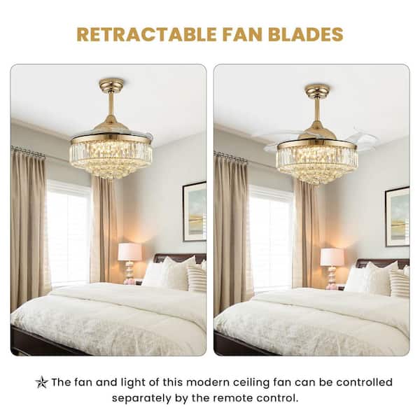 42 In. Indoor Gold Smart Retractable Crystal Ceiling Fan with Adjustable LED Light Included with Remote and App Control
