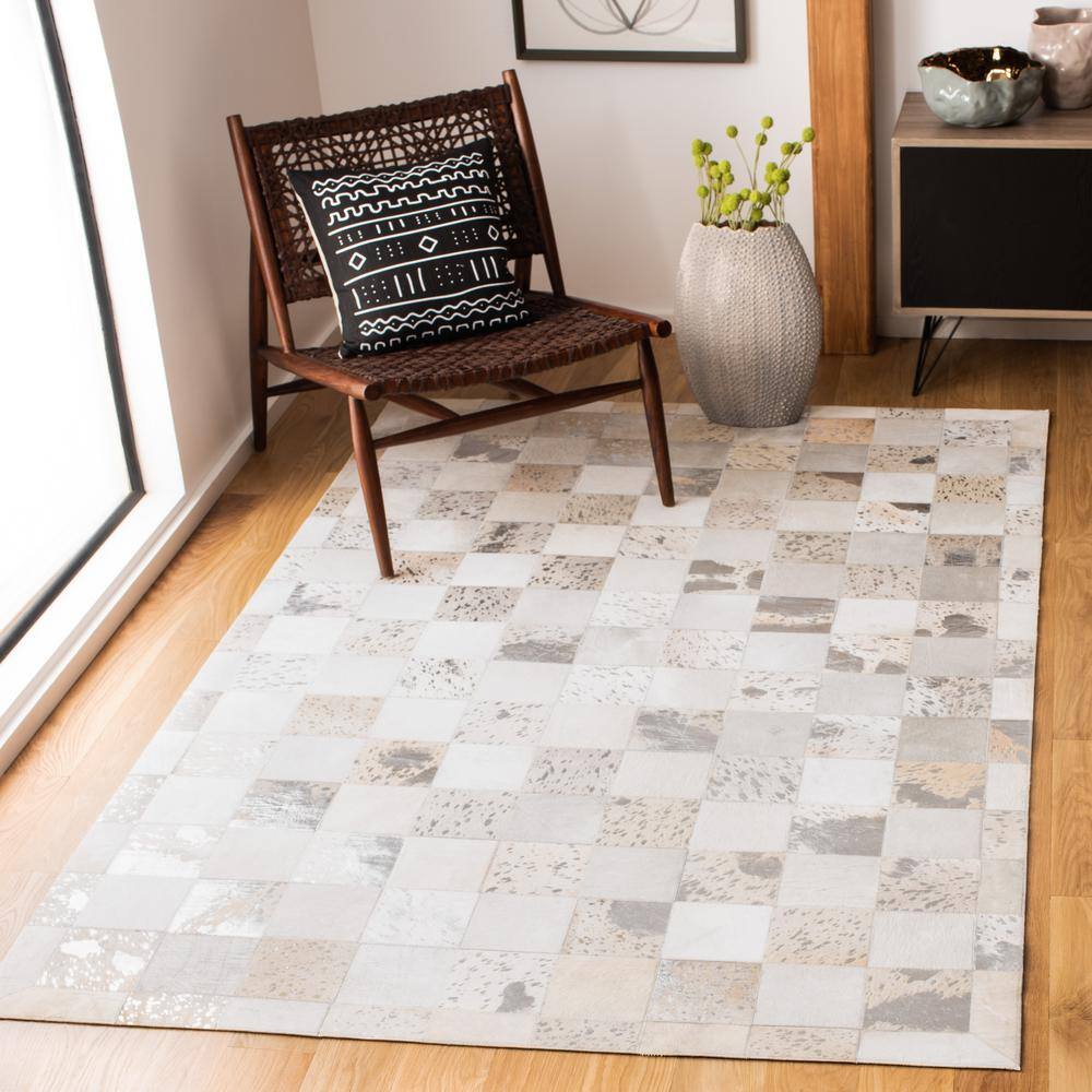 Ivory and Silver Hand-Knotted Geometric Leather Area Rug