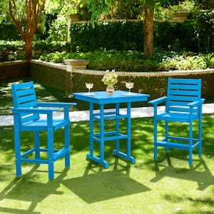 3-Piece Plastic Table Indoor/Outdoor Bistro Set and Bistro Chairs Patio Seating, Bright Blue