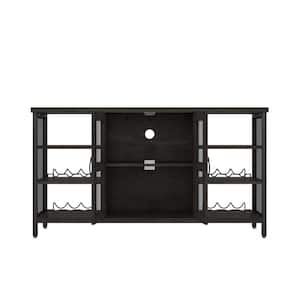 55 Inch Rustic Wood Storage Wine Bar Cabinet with Multifunctional Floor for Liquor and Glasses(Black+ Gray)