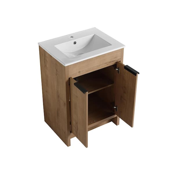 Satico 24 in. W Freestanding Bath Vanity in Imitative Oak with White Ceramic Top