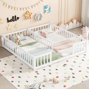 White Twin Size Wood Frame Double Kid Bed with Fence