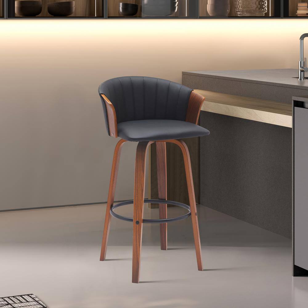 Diana Swivel 26 in. Black/Walnut and Black Wood Counter Stool with Black Fa