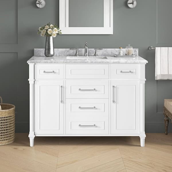 Aberdeen 48 in. Single Sink White Bath Vanity with Carrara Marble Top (Assembled)