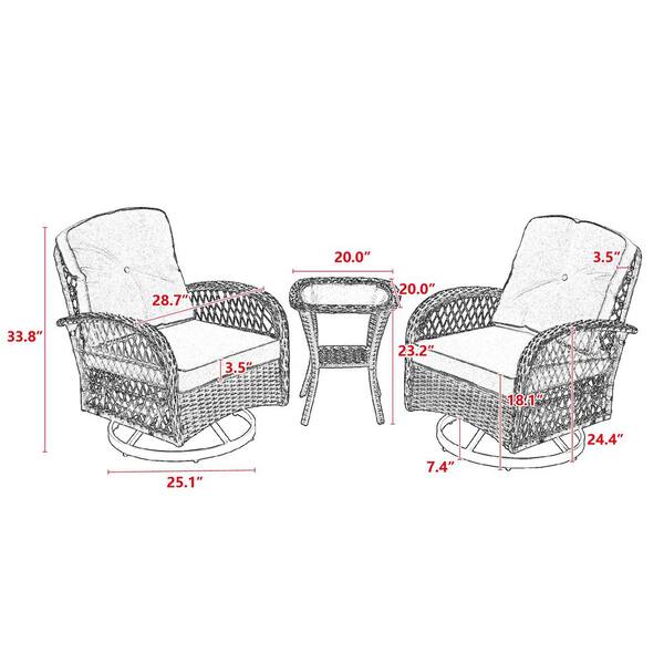 3-Piece Brown Wicker Patio Swivel Outdoor Rocking Chair with 3-Piece Brown Wicker Patio Swivel Outdoor Rocking Chair with