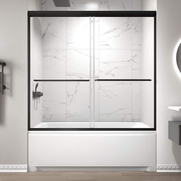 60 in. W x 58 in. H Double Sliding Semi-Frameless Bathtub Door in Matte Black Finish with 1/4 in. (6mm) Clear Glass