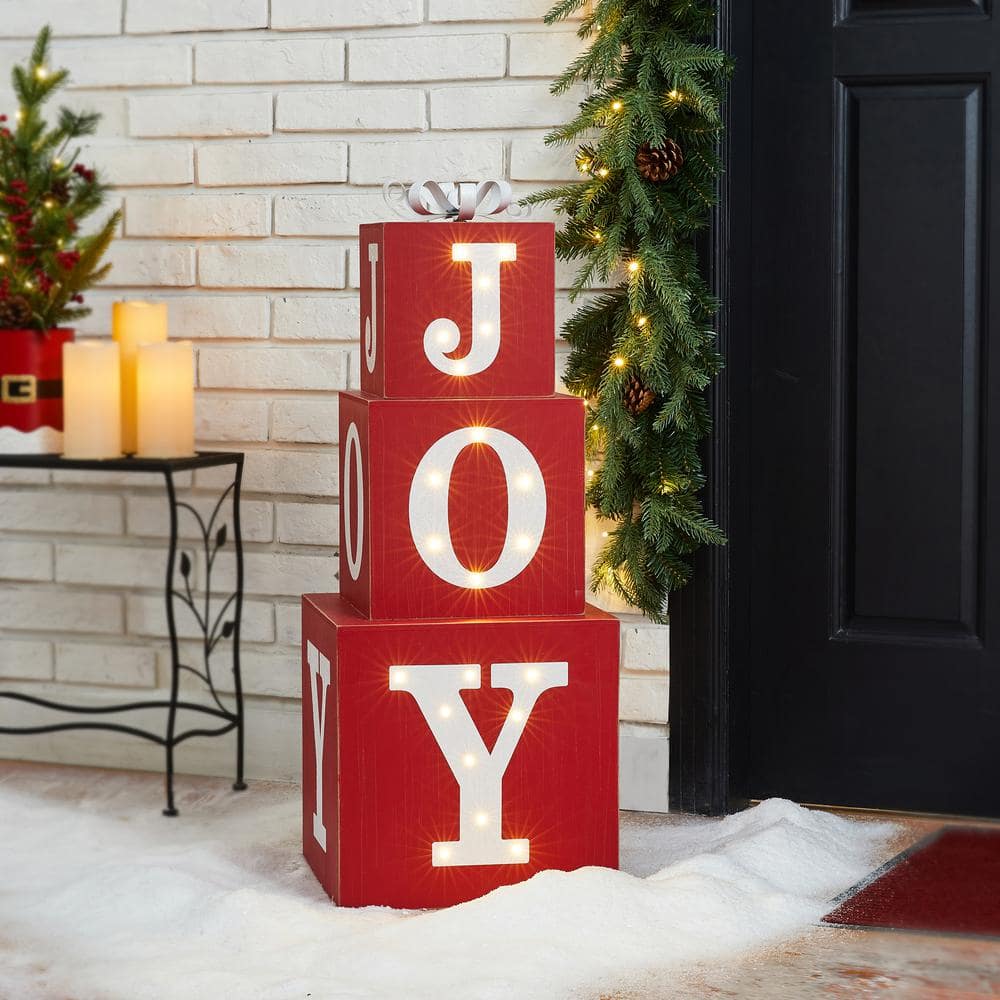 Glitzhome Lighted Wooden Block Joy Porch Sign, 32"