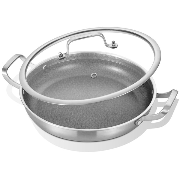 12 in. Hybrid Tri-Ply Stainless Steel Nonstick Paella Pan with Lid, Stir Fry, Omelet, Skillet, Induction Safe