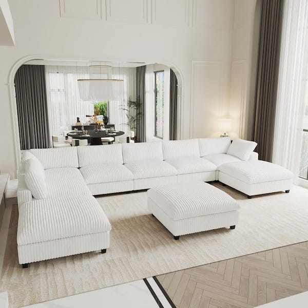 Oversized Convertible 197 in. Square Arm Velvet Down Modular Sofa Cloud Couch with Ottomans, Washable Covers in White