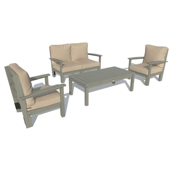 Highwood Bespoke Deep Seating 4-Piece Plastic Outdoor Loveseat, Set of Chairs and Conversation Table and Dune Cushions