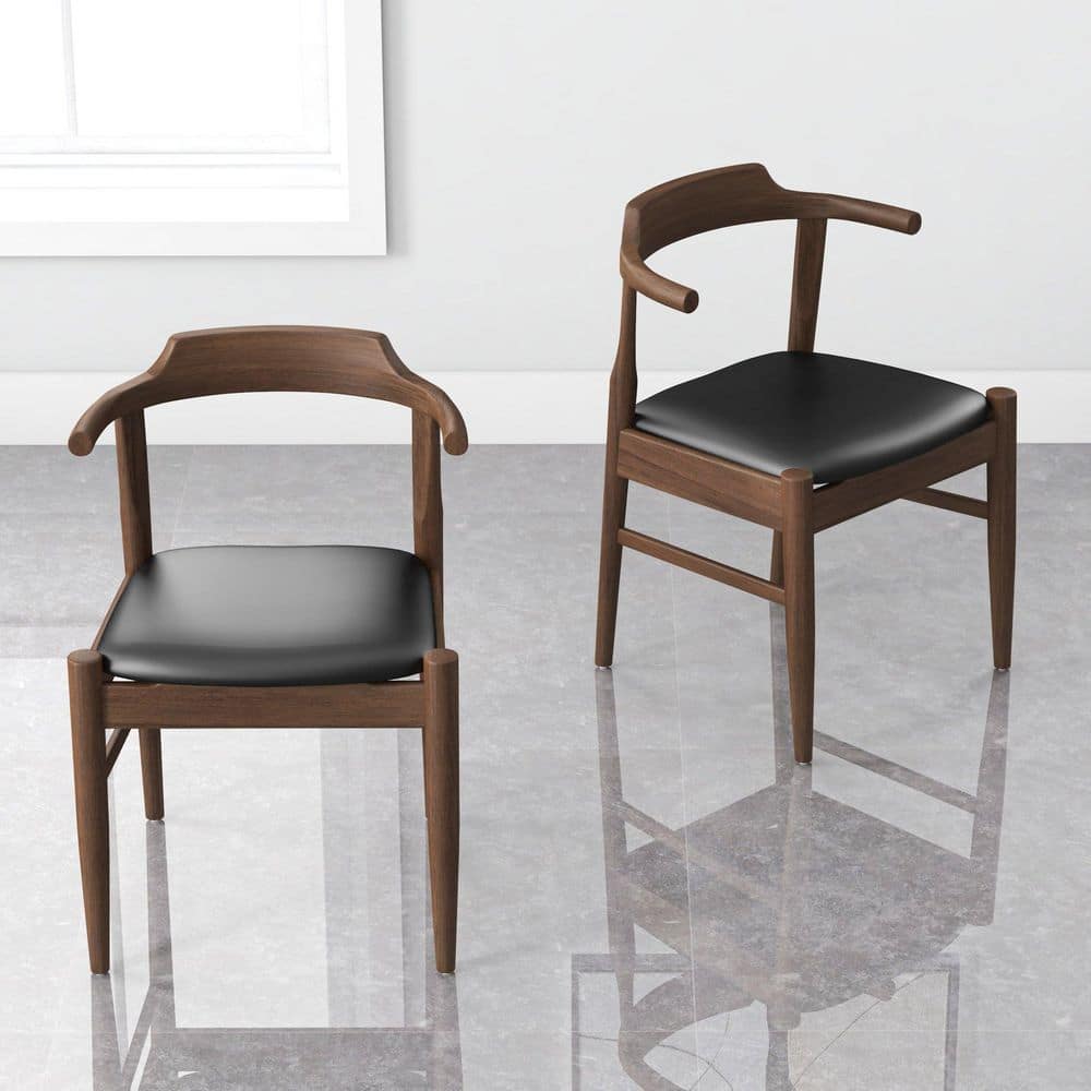 Mid-Century Modern Black Faux Leather Dining Chair, Solid Wood, (Set of 2)