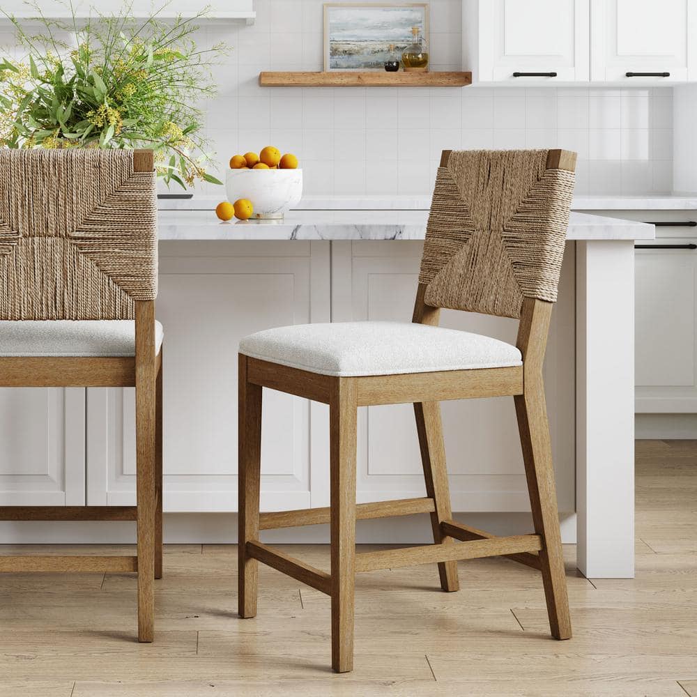 Nathan James Beacon Counter Height Barstool Seagrass Cream Boucle: Woven Backrest, Rubberwood Frame