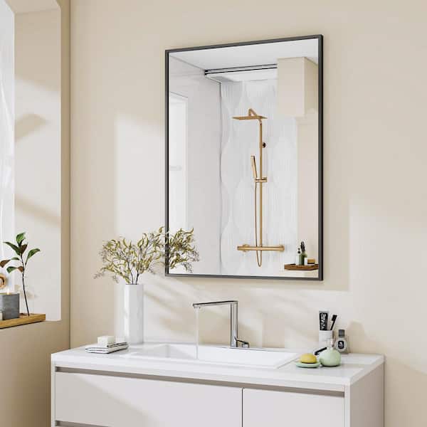 XRAMFY Black 25.8 in. W x 38 in. H Modern Rectangular Aluminum Framed Wall Mirror