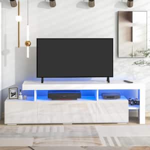 White Modern Style TV Stand Fits TV's up to 70 in. with Cabinets, DVD Shelf, and 16-colored LED Lights