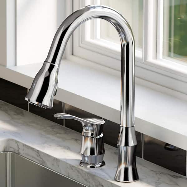 Hillwood Single Handle Pull Down Sprayer Kitchen Faucet with Matching Soap Dispenser in Chrome