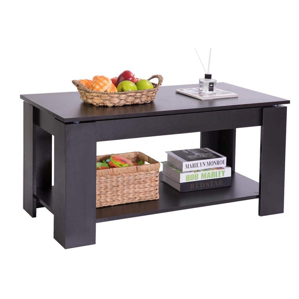 Sleek Black Wood Rectangular Coffee Table with Lift-Top Storage