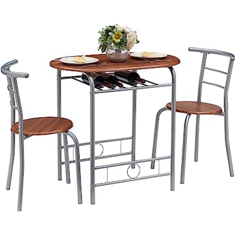 FAWEY 3-Piece Wooden Brown Round Outdoor Dining Table and Chair Set, FAWEY