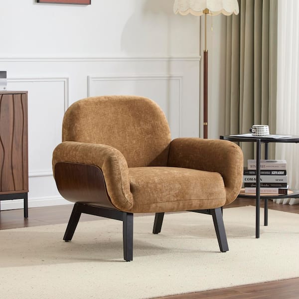 Gina Modern Tan Fabric Upholstered Accent Chair Arm Chair with Round Arms and Solid Wood Legs