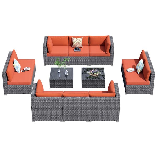 HOOOWOOO Messi Gray 12-Piece Wicker Outdoor Patio Conversation Sectional Sofa Set with Orange Red Cushions