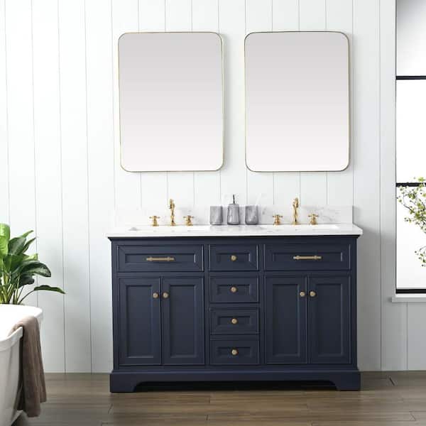 SUDIO Thompson 54 in. W x 22 in. D Bath Vanity in Indigo Blue with Engineered Stone Top in Carrara White with White Sinks