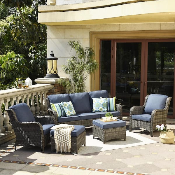 XIZZI Erie Lake Gray 5-Piece Wicker Outdoor Patio Conversation Seating Sofa Set with Denim Blue Cushions