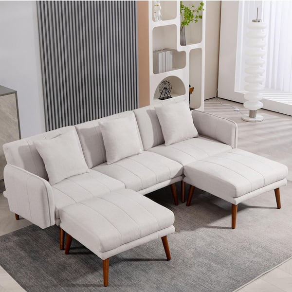 Unbranded Multi-Function Solid Wood Outdoor 2-in-1 Adjustable Sofa Sectional with Beige Linen Cushions