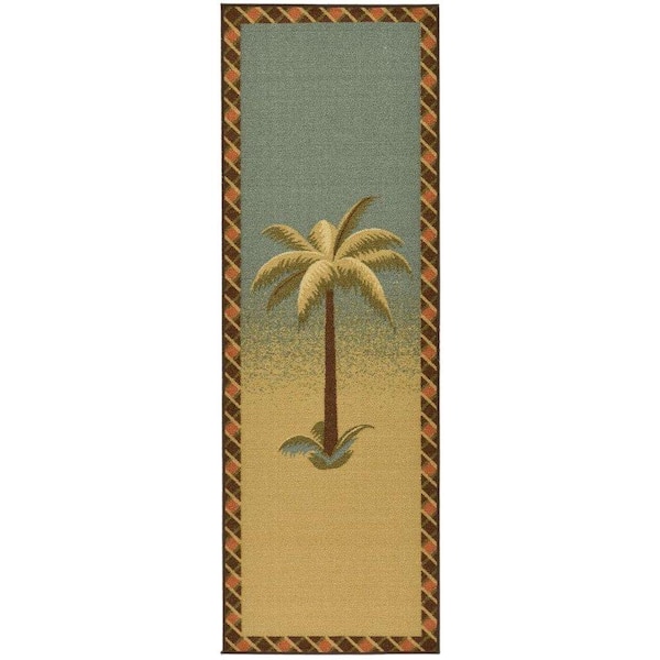 Ottomanson Sara Collection Non-Slip Rubberback Tropical Palm Tree 2x5 Kitchen Runner Rug, 1 ft. 8 in. x 4 ft. 11 in., Beige/Teal