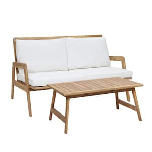 Outdoor Acacia Wood Patio Conversation Set with White Cushions