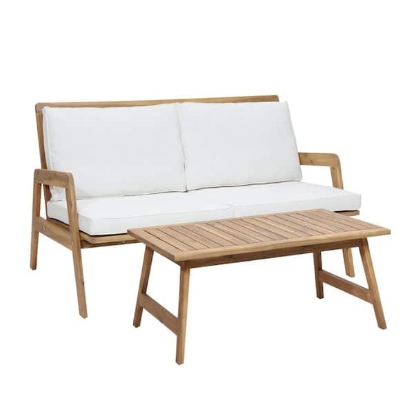 LuxenHome Outdoor Acacia Wood Patio Conversation Set with White Cushions