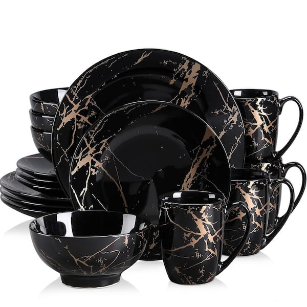 16-Piece Black Porcelain Dinnerware Sets (Service for 4), Gold Splash Glaze Ceramic Dish Set, Round Dinner Set with Mugs