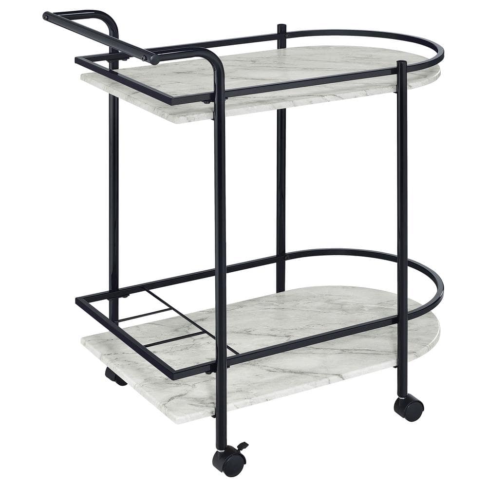Black and White Faux Marble Rectangular Bar Cart with Wine Rack