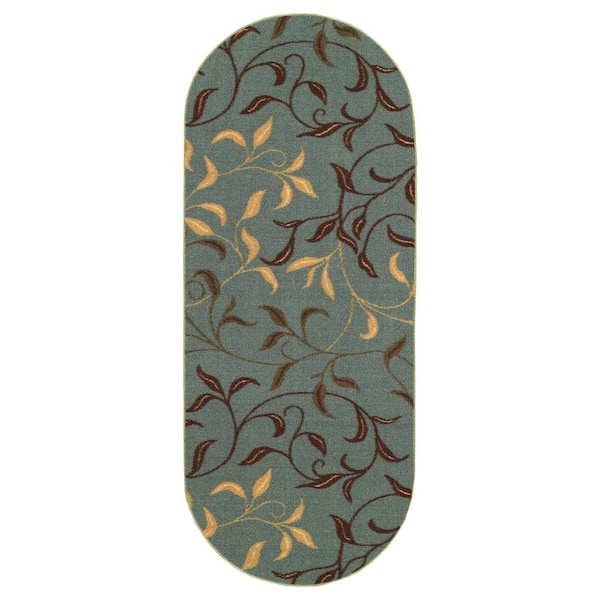 Ottomanson Ottohome Collection Non-Slip Rubberback Leaves 2x5 Indoor Oval Runner Rug, 1 ft. 8 in. x 4 ft. 11 in.,Dark Seafoam Green