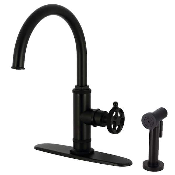 Kingston Brass Webb Deck Mount Single Handle Standard Kitchen Faucet with Sprayer in Matte Black