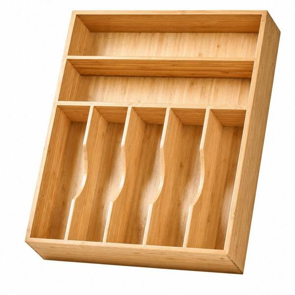 Bamboo 13 in. x 17 in. x 2.5 in. Kitchen Drawer Organizer 7 Slots Total Bamboo Wood Caddy for Flatware Cutlery Knives