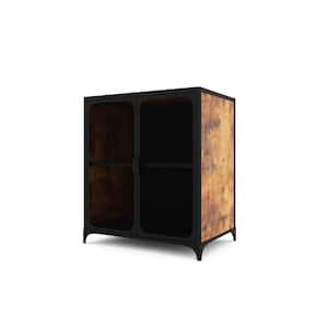 Rustic Wood and Black Cabinet with 2-Mesh Doors