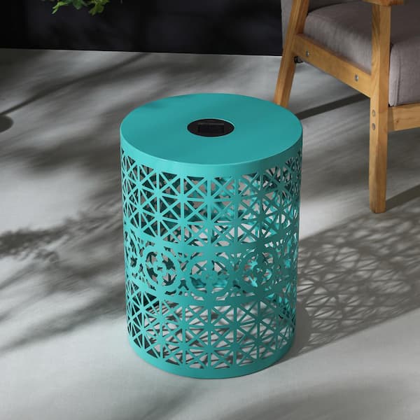 Zeus & Ruta Teal Round Metal Outdoor Side Table with Solar