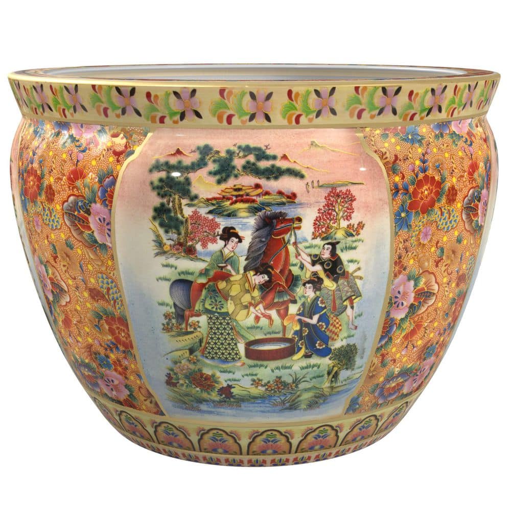 Oriental Furniture 16 in. Horse in Meadow Porcelain Fishbowl