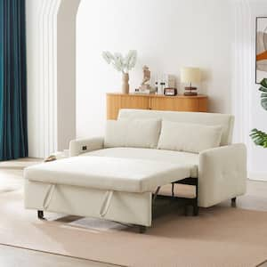 57.4 in. Beige Corduroy Fabric Twin Size Pull-out Sofa Bed Convertible Loveseat with 2 Throw Pillows and USB Ports