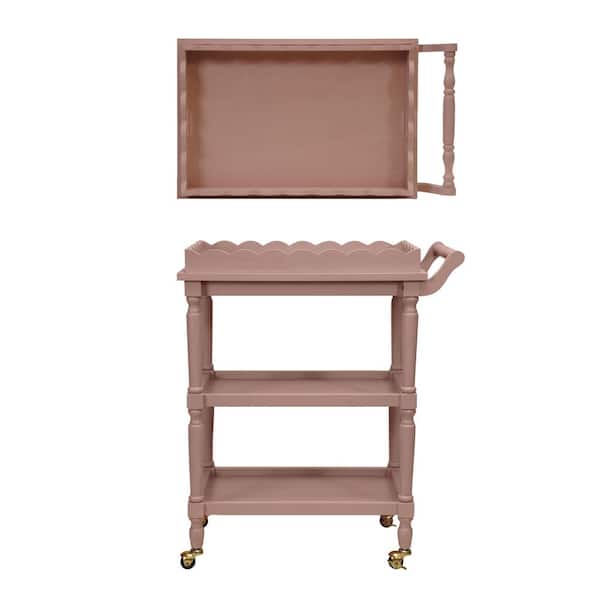 Pink 3-Tier Bar Cart on Casters with Removable Scalloped Tray