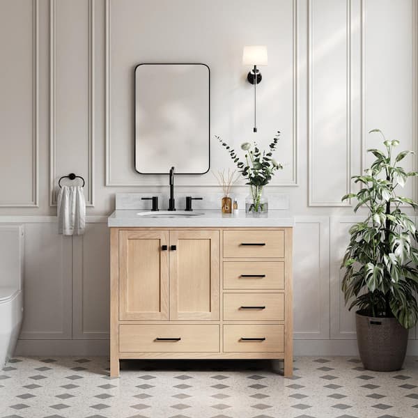 ARIEL Cambridge 42 in. W x 22 in. D x 36.5 in. H Single Freestanding Bath Vanity in Oak with Italian Carrara Marble Top