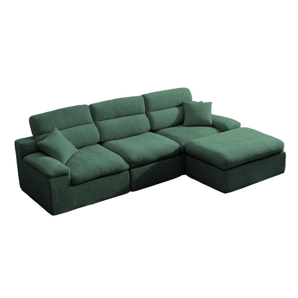 111 in Wide L-Shaped Slub Chenille Fabric Corner Chaise Sofa with High Backrest and Sleeper in Dark Green