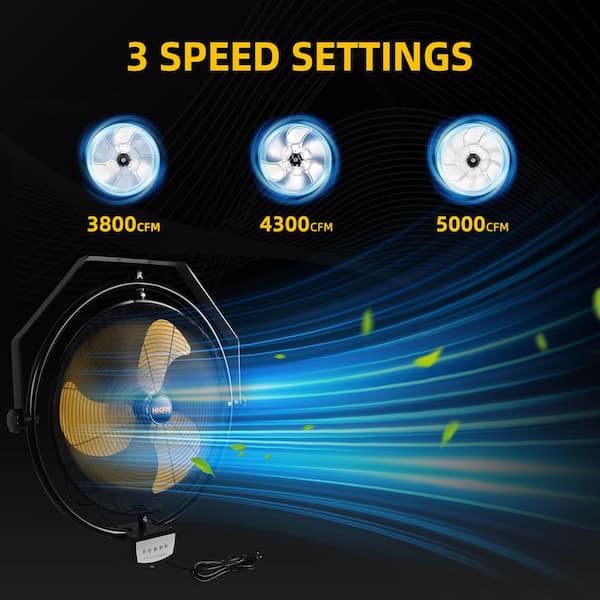 20 in. 3-Speed Oscillating High Velocity Yellow Wall Mount Fan with Powerful 1/5 HP Motor, Manual and Remote Control