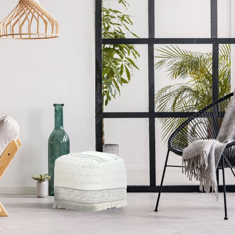 Ivory and Brown Shag Fringe Textured Square Pouf, 18" x 14"