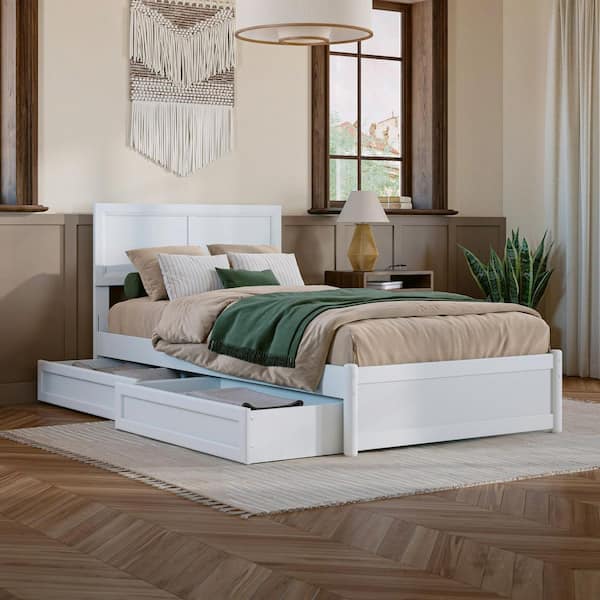 AFI Lylah White Solid Wood Frame Twin XL Platform Bed with Panel Footboard and Storage Drawers