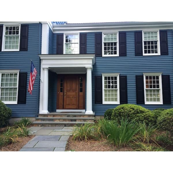 Dark Blue House Black Shutters