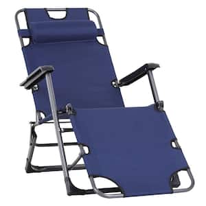 Navy Metal Adjustable Outdoor Chaise Lounge 2-in-1 Beach Chair Pillow with Pocket for Sunbathing Patio and Poolside
