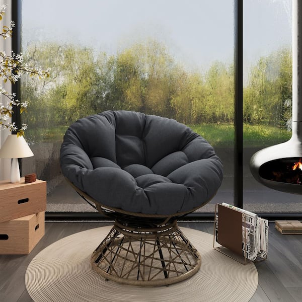 Outdoor Ergonomic Wicker Lounge Chair with Black Cloud Thick Polypropylene Cushion, 3-Proof Cover, 360° Swivel