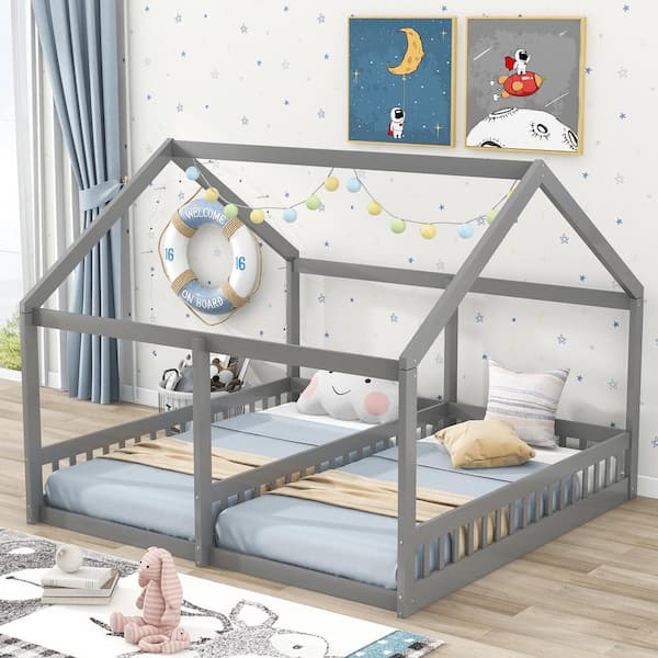 Polibi Gray Wood Frame Twin Size House Platform Beds, 2 Shared Beds