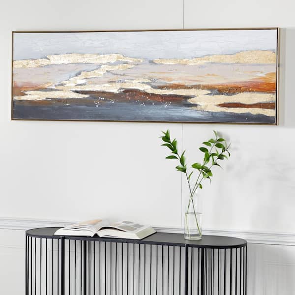 Litton Lane 1- Panel Geode Foiled and Brushstrokes Framed Wall Art with Gold Frame 20 in. x 59 in.